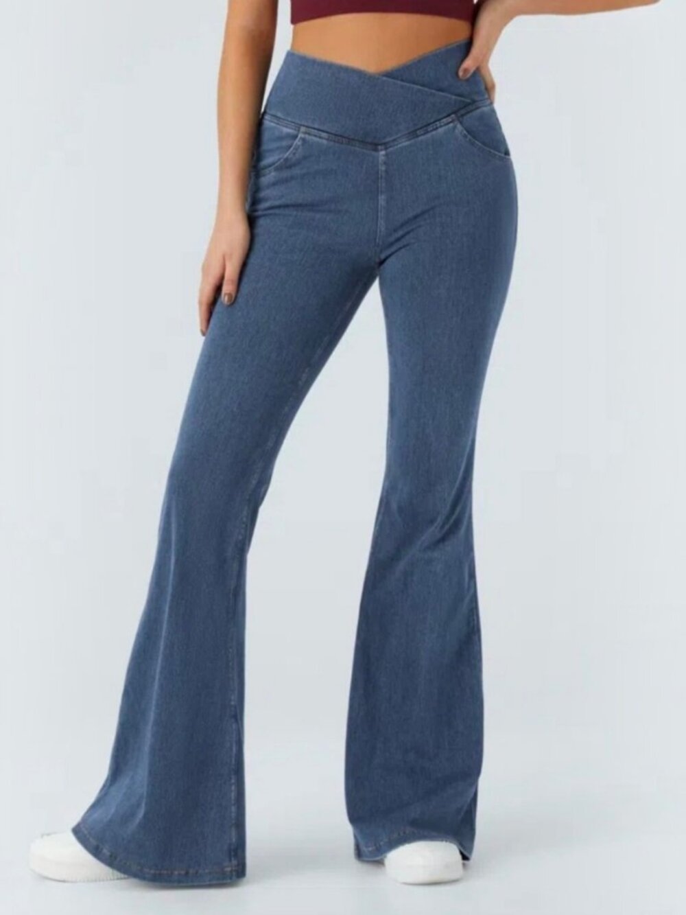 NWT Halara Womens Large Petite LP High Waisted Crossover Flare Blue Jeans 062